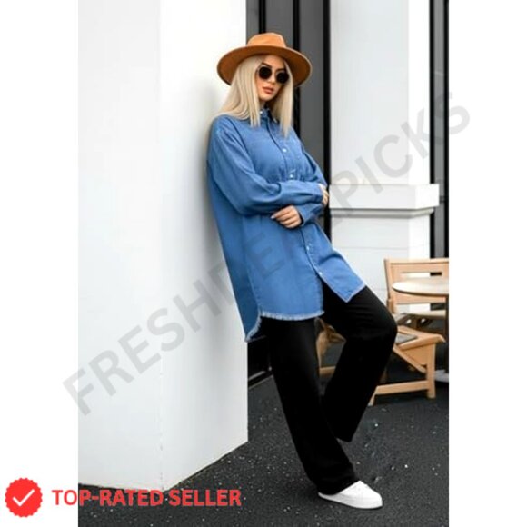 Oversized Denim Shacket Button-Up Long Sleeve Chic Casual Western Y2K - Picture 3 of 6